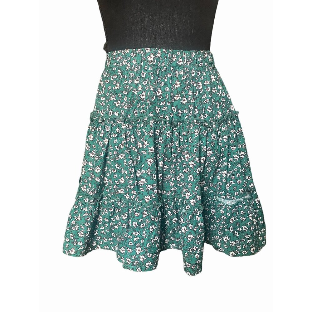 XS Green Ditsy Floral Tiered‎ Mini Skirt Elastic Waist Ruffle Boho Cottagecore